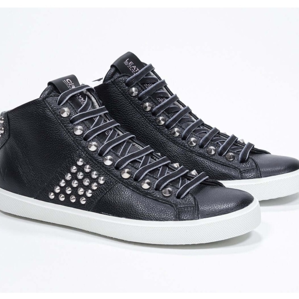 Leather Crown Black High-Top Sneakers with Silver Accents